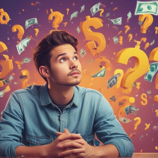 Digital creator surrounded by question marks, cash icons, and upward arrows, contemplating whether $500 is too ambitious or not enough.