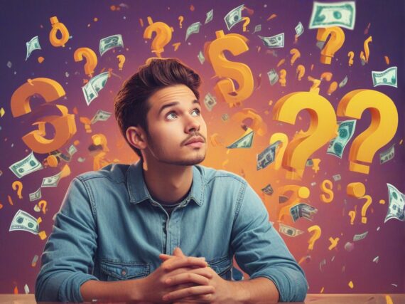 Digital creator surrounded by question marks, cash icons, and upward arrows, contemplating whether $500 is too ambitious or not enough.