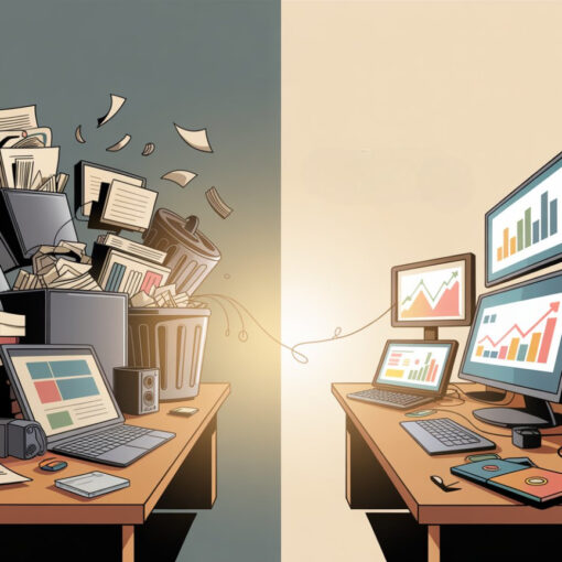 "Illustration of a digital marketer’s workspace divided in two: one side cluttered with overflowing bins of discarded work, the other side organised with multiple screens showing successful analytics."