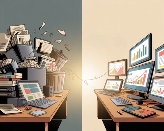 "Illustration of a digital marketer’s workspace divided in two: one side cluttered with overflowing bins of discarded work, the other side organised with multiple screens showing successful analytics."