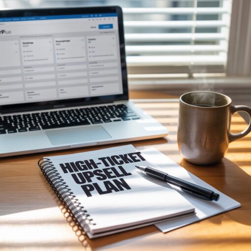 Home office desk with laptop showing WarriorPlus dashboard and upsell strategy notes