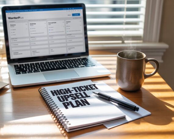 Home office desk with laptop showing WarriorPlus dashboard and upsell strategy notes