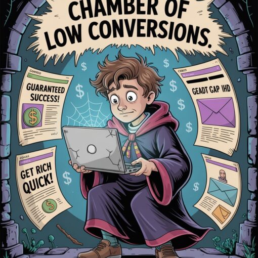 Cartoon parody of Barry Profiter, a clumsy wizard with a cracked laptop, standing in a chamber filled with dusty landing pages showing poor conversion headlines.
