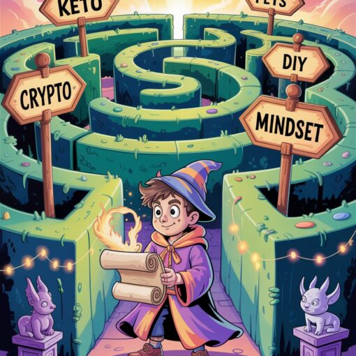 A cartoon-style young wizard in robes stands inside a glowing magical maze, surrounded by golden signposts for different niches like Keto, Crypto, DIY, Pets, and Mindset.