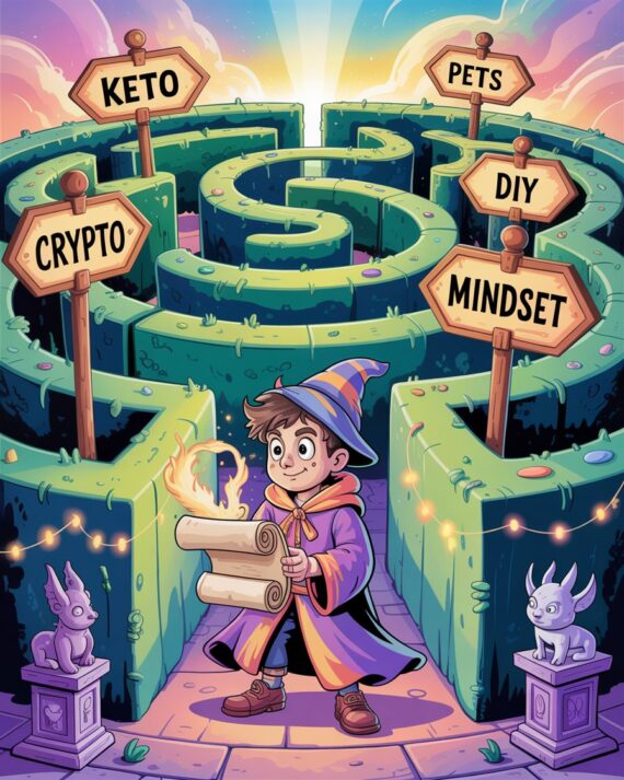 A cartoon-style young wizard in robes stands inside a glowing magical maze, surrounded by golden signposts for different niches like Keto, Crypto, DIY, Pets, and Mindset.