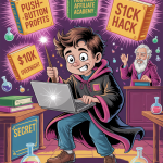 Cartoon parody of Barry Profiter in a wizard classroom, surrounded by glowing “Shiny Object” boxes like “Push-Button Profits” and “$10k Overnight,” while his professor looks on.