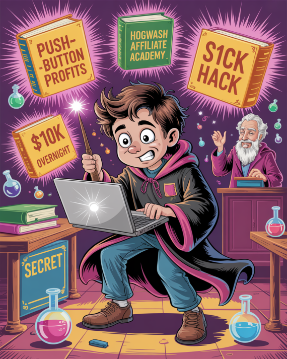 Cartoon parody of Barry Profiter in a wizard classroom, surrounded by glowing “Shiny Object” boxes like “Push-Button Profits” and “$10k Overnight,” while his professor looks on.