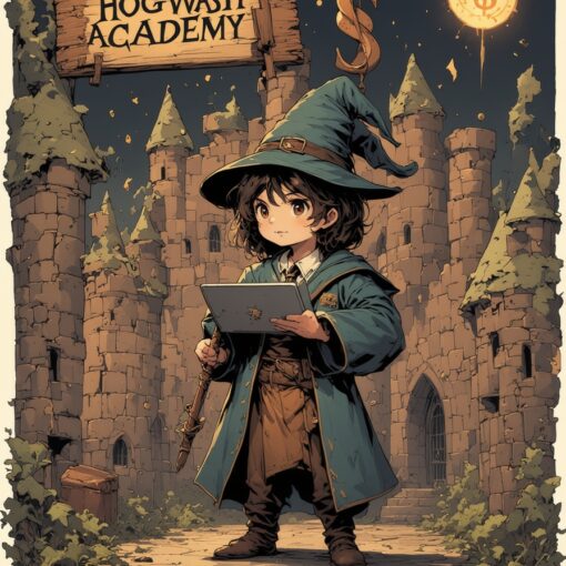 Cartoon parody of a clumsy young wizard holding a broken laptop in front of Hogwash Academy, with magical marketing icons floating around.