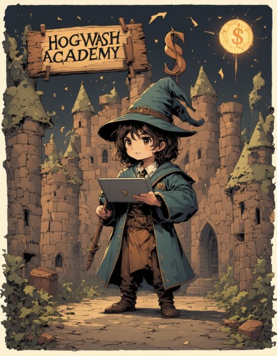 Cartoon parody of a clumsy young wizard holding a broken laptop in front of Hogwash Academy, with magical marketing icons floating around.