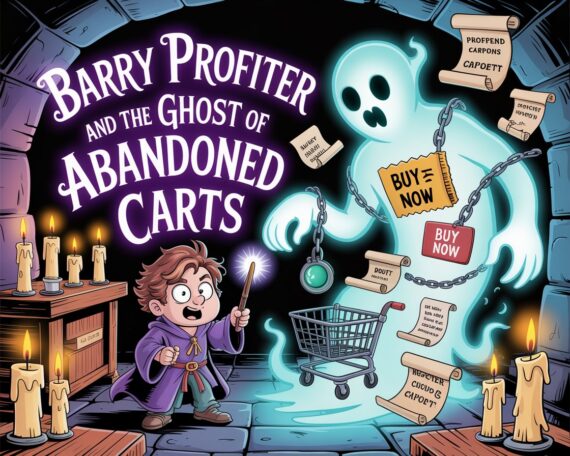 A young wizard named Barry Profiter stands in a dim, candlelit dungeon classroom, surrounded by floating shopping carts, glowing checkout pages, and swirling refund scrolls. A translucent ghost wrapped in broken “Buy Now” buttons looms nearby as Barry raises his wand, caught between fear and determination.