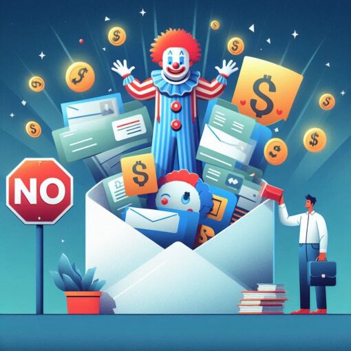 Cartoon digital marketer facepalming at laptop while silly spam emails with clown faces and dollar signs fly out of the inbox