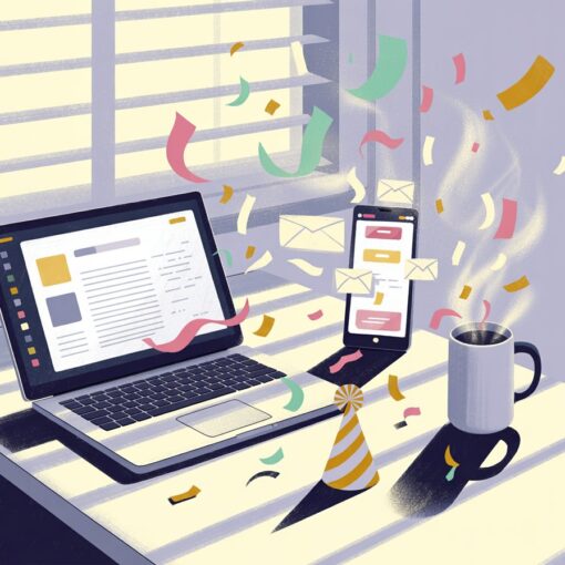 Illustration of a cheerful workspace with laptop, confetti, and emails flying — symbolising productivity and celebration.