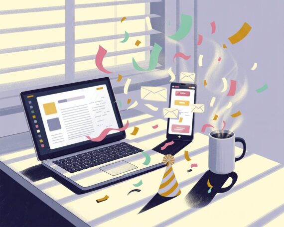 Illustration of a cheerful workspace with laptop, confetti, and emails flying — symbolising productivity and celebration.