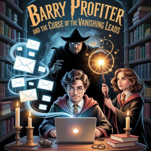 Barry Profiter, a wizard marketer parodying Harry Potter, fights ghostly vanishing email leads with Hermoney Granger in a candlelit library while Lord Snoopermort looms in the shadows.