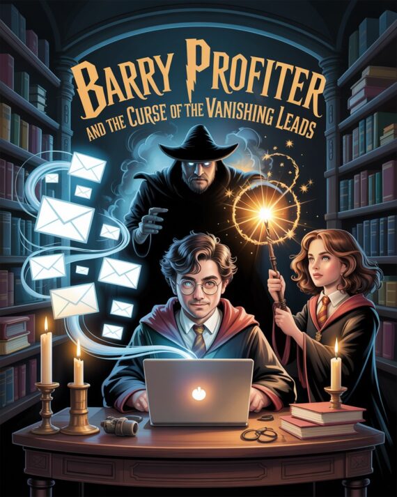 Barry Profiter, a wizard marketer parodying Harry Potter, fights ghostly vanishing email leads with Hermoney Granger in a candlelit library while Lord Snoopermort looms in the shadows.