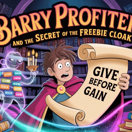 Barry Profiter in a magical library wearing a glowing silver-and-gold cloak while reading a floating scroll that says “Give Before Gain,” with a ghostly spam phantom lurking in the shadows.