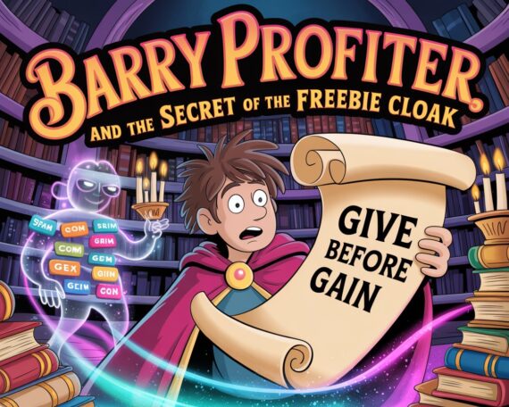 Barry Profiter in a magical library wearing a glowing silver-and-gold cloak while reading a floating scroll that says “Give Before Gain,” with a ghostly spam phantom lurking in the shadows.