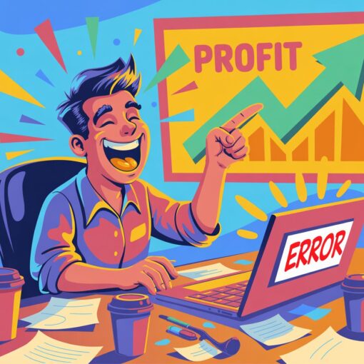 Affiliate marketer smiling at laptop after fixing a mistake, symbolising learning, growth, and profit