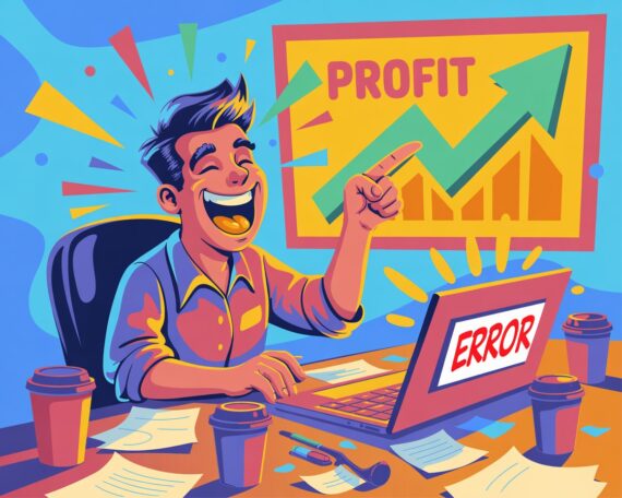 Affiliate marketer smiling at laptop after fixing a mistake, symbolising learning, growth, and profit