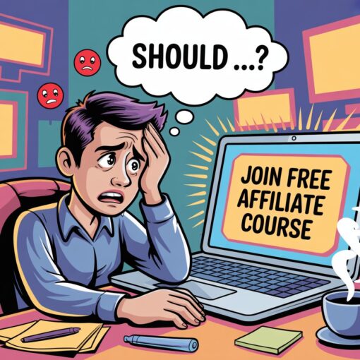 Cartoon digital marketer looking conflicted at laptop showing “Join Free Affiliate Course” button, surrounded by emojis and warning signs