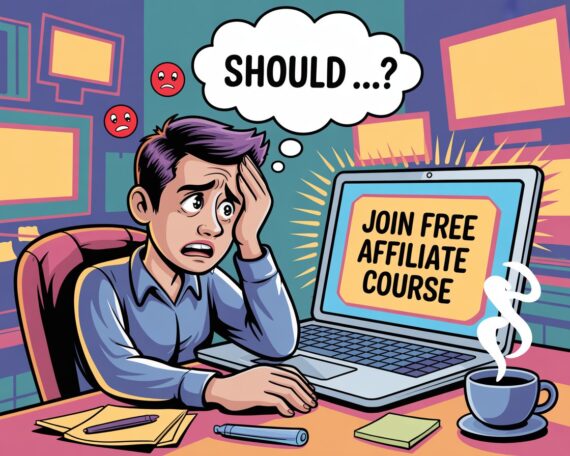 Cartoon digital marketer looking conflicted at laptop showing “Join Free Affiliate Course” button, surrounded by emojis and warning signs