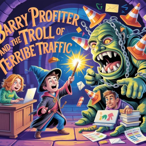 A young parody wizard named Barry Profiter battles a massive troll made of spam emails, fake clicks, and tangled internet traffic cones inside Hogwash Affiliate Academy. His wand glows as data charts and banners fly around, creating a humorous and magical scene inspired by the Harry Potter universe.