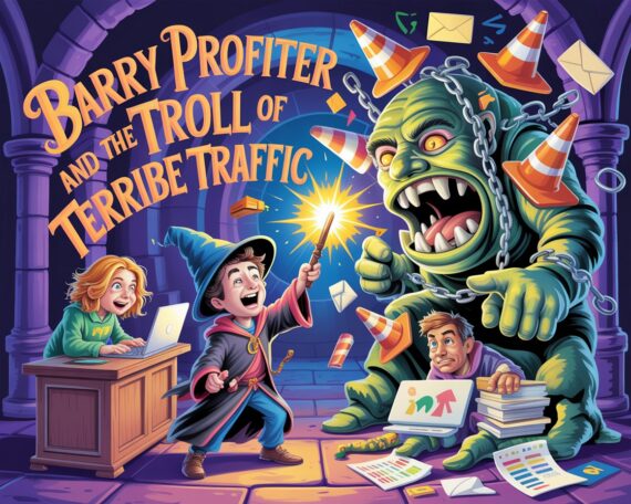 A young parody wizard named Barry Profiter battles a massive troll made of spam emails, fake clicks, and tangled internet traffic cones inside Hogwash Affiliate Academy. His wand glows as data charts and banners fly around, creating a humorous and magical scene inspired by the Harry Potter universe.