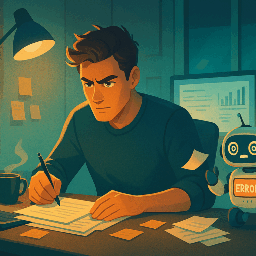 Illustration of an affiliate marketer working in a home office, staying focused while a small robot causes problems nearby — symbolising perseverance through AI mistakes.