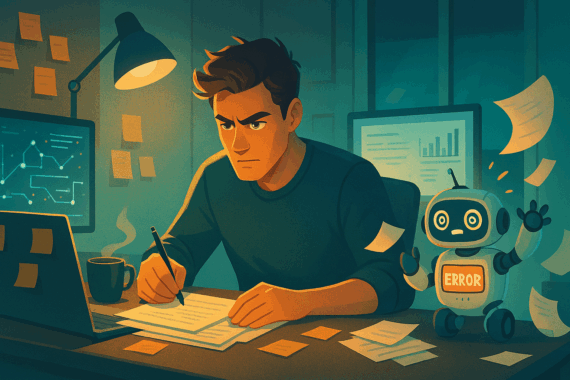 Illustration of an affiliate marketer working in a home office, staying focused while a small robot causes problems nearby — symbolising perseverance through AI mistakes.