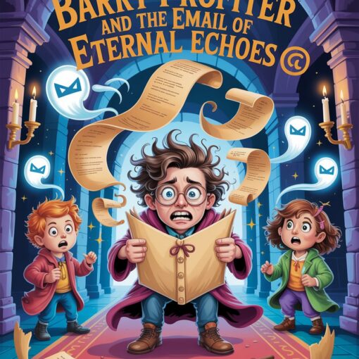 A humorous illustrated scene of Barry Profiter overwhelmed by multiplying magical email scrolls, with Hermoney Ranger and Ronald Weaselist reacting as inbox spirits swirl through a Hogwarts-style hallway, from a Harry Potter affiliate marketing parody.
