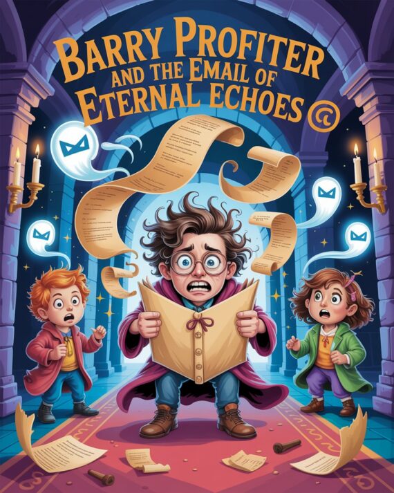 A humorous illustrated scene of Barry Profiter overwhelmed by multiplying magical email scrolls, with Hermoney Ranger and Ronald Weaselist reacting as inbox spirits swirl through a Hogwarts-style hallway, from a Harry Potter affiliate marketing parody.