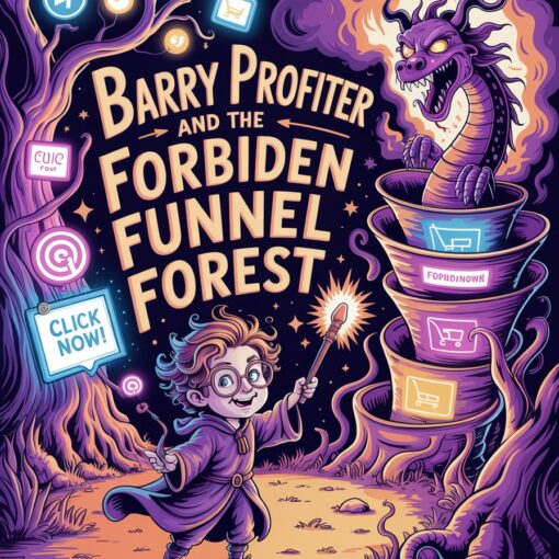 Illustration of Barry Profiter in the magical Forbidden Funnel Forest, surrounded by glowing funnel-shaped trees, pop-ups, and the Dragon of Burnout in a humorous Harry Potter parody style.