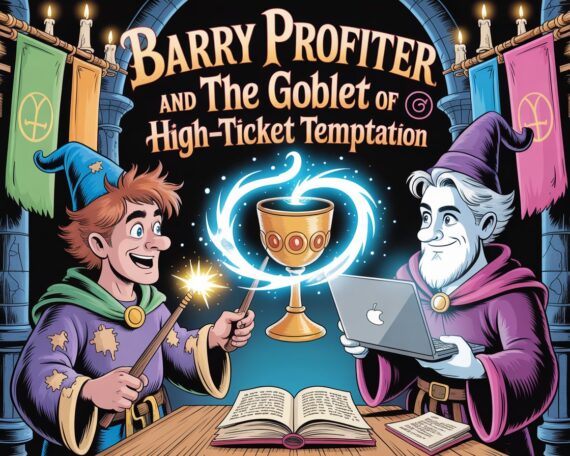 Barry Profiter faces the Goblet of High-Ticket Temptation inside the Great Hall of Hogwash Affiliate Academy, parodying Harry Potter in a humorous digital marketing fantasy.