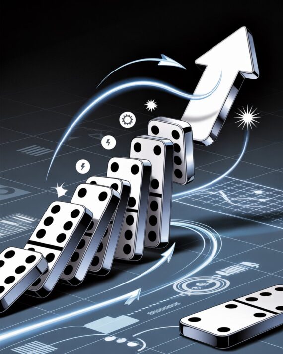 A focused entrepreneur taking the first step on a key task, reviewing progress, and building forward motion — visually representing the MOMENTUM acronym: Move Once, Multiply Every Next Task Until You Maximise Progress.