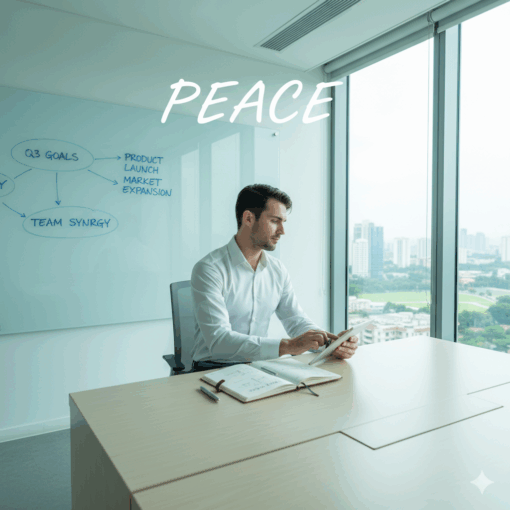 A focused entrepreneur organising priorities, aligning goals, creating ideas, and planning growth — visually representing the P.E.A.C.E. acronym: Prioritise, Execute, Align, Create, Expand.