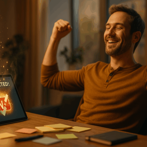 A happy male marketer smiling at his laptop with glowing progress charts and digital success icons surrounding him.