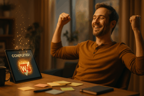 A happy male marketer smiling at his laptop with glowing progress charts and digital success icons surrounding him.