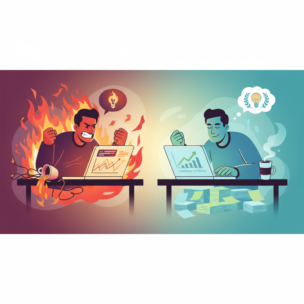 Illustration showing an affiliate marketer transitioning from anger and chaos to calm productivity, symbolising progress from self-sabotage to success.
