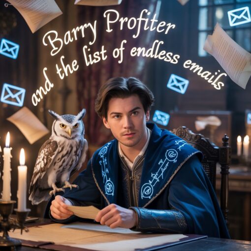 A young dark-haired wizard sitting at an ancient wooden desk surrounded by glowing flying envelopes, magical email icons, and a silver-feathered owl, with the title “Profiter and the List of Endless Emails” floating above him in enchanted lettering.