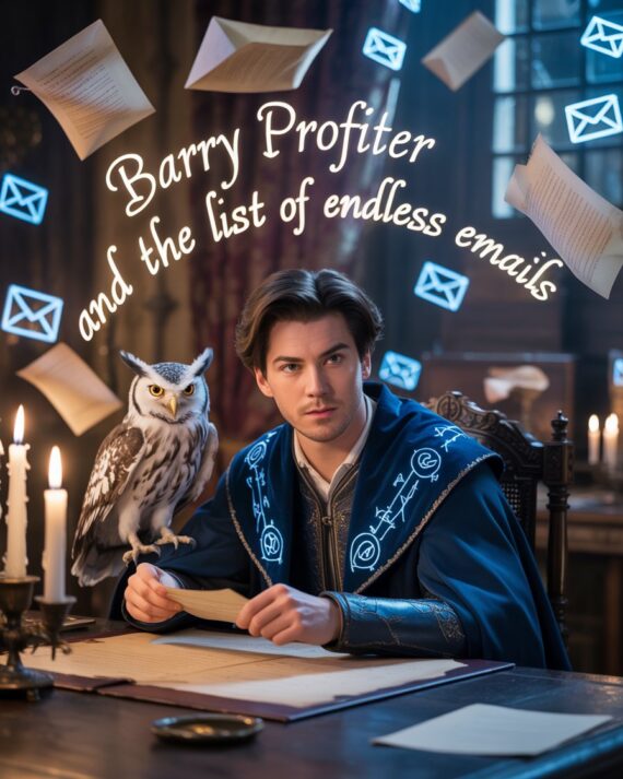 A young dark-haired wizard sitting at an ancient wooden desk surrounded by glowing flying envelopes, magical email icons, and a silver-feathered owl, with the title “Profiter and the List of Endless Emails” floating above him in enchanted lettering.