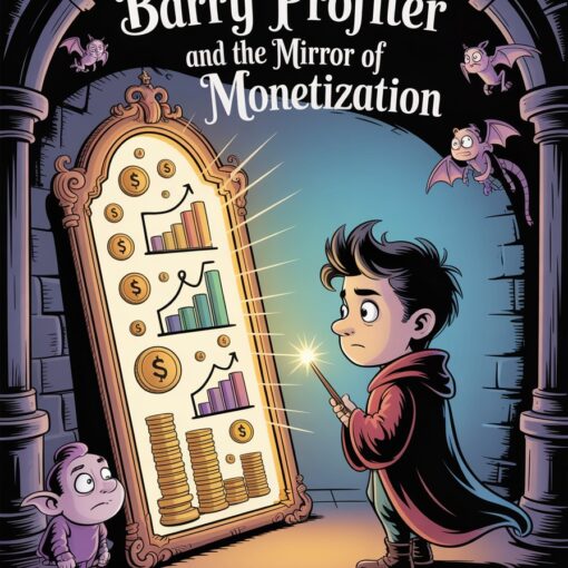 Cartoon illustration of young wizard Barry Profiter facing the glowing Mirror of Monetization, showing charts and coins instead of a reflection inside a magical academy vault.