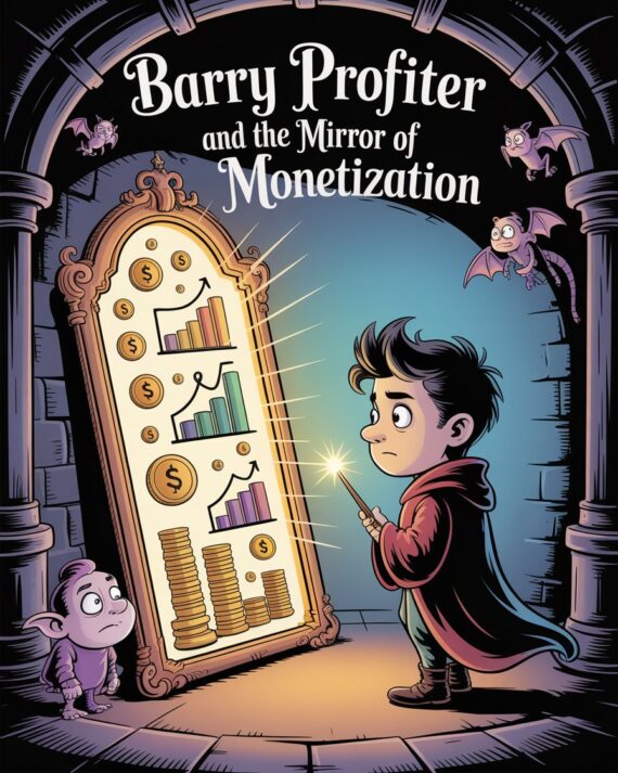 Cartoon illustration of young wizard Barry Profiter facing the glowing Mirror of Monetization, showing charts and coins instead of a reflection inside a magical academy vault.