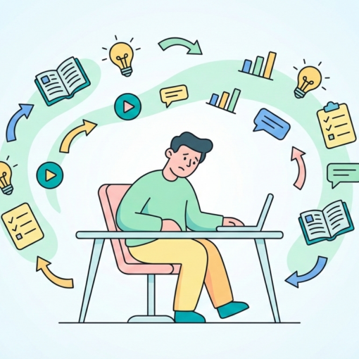 A cartoon-style illustration of a marketer at a desk surrounded by swirling icons of books, charts, arrows, and notifications, symbolising learning, action, and growing overwhelm in affiliate marketing.
