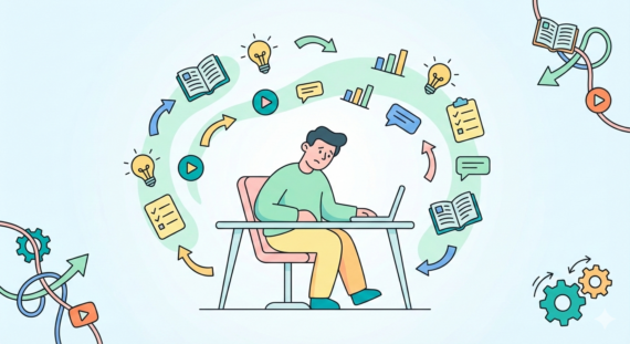 A cartoon-style illustration of a marketer at a desk surrounded by swirling icons of books, charts, arrows, and notifications, symbolising learning, action, and growing overwhelm in affiliate marketing.