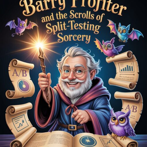 Cartoon-style young wizard Barry Profiter standing in a magical chamber with glowing split-testing scrolls, enchanted marketing symbols, and whimsical fantasy creatures.