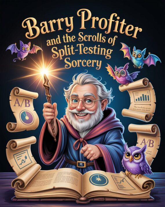 Cartoon-style young wizard Barry Profiter standing in a magical chamber with glowing split-testing scrolls, enchanted marketing symbols, and whimsical fantasy creatures.