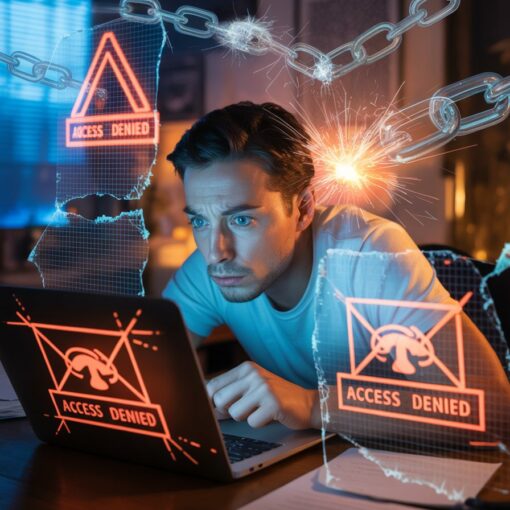 An affiliate marketer in a dark home office confronts digital barriers and glowing firewall effects on a laptop, symbolising being blocked from the web but pushing forward with determination.