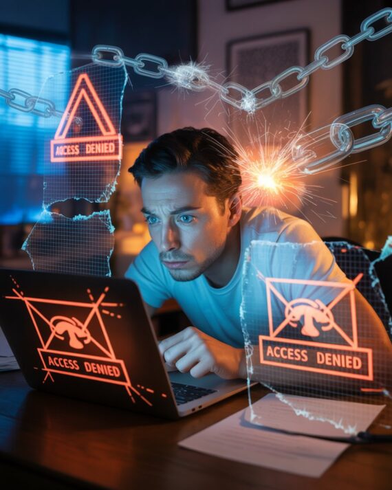 An affiliate marketer in a dark home office confronts digital barriers and glowing firewall effects on a laptop, symbolising being blocked from the web but pushing forward with determination.