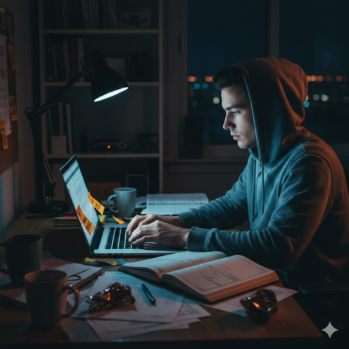 A focused online entrepreneur working late at night at a laptop in a dimly lit home office, surrounded by notes and coffee, symbolising determination and taking action.