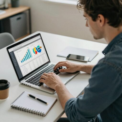 A digital marketer actively working at a desk, typing and completing tasks, representing focused execution and consistent action in online business.